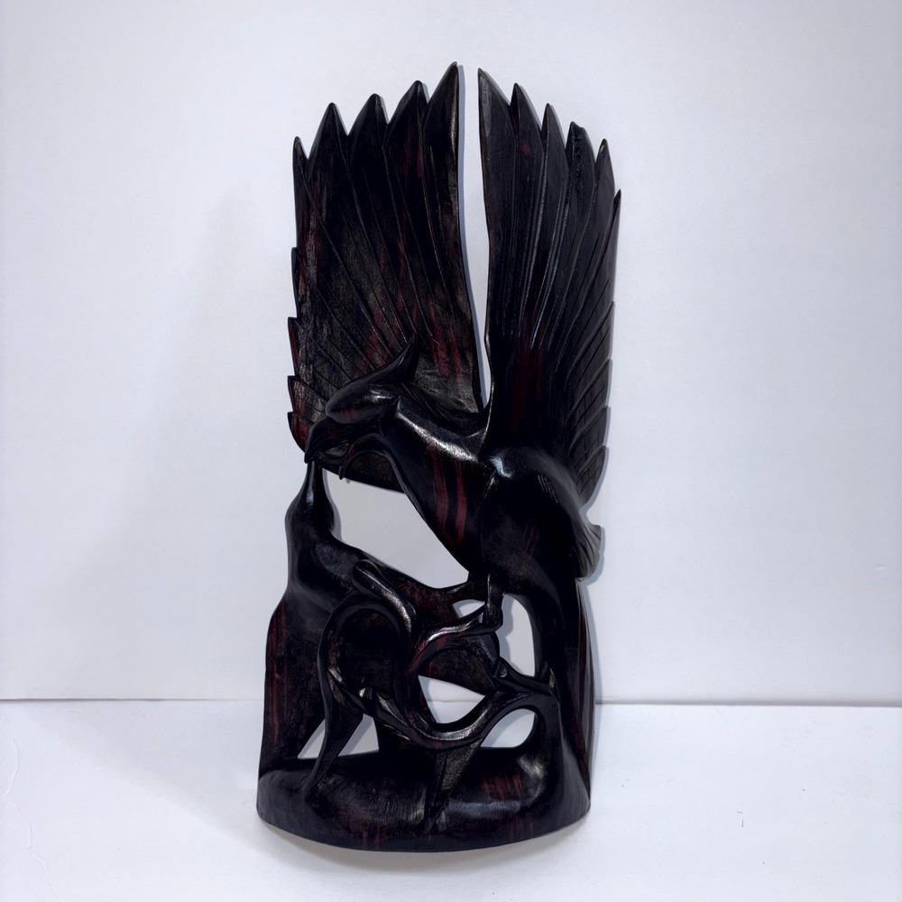 Vintage Feeding Eagle Sculpture Hand Carved Wood Natural Varnished Art Decor